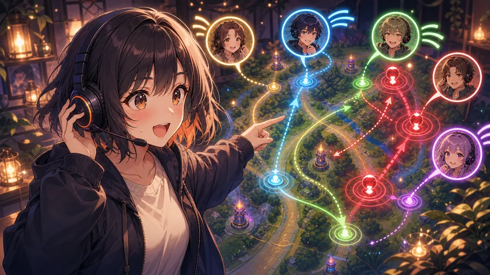 序盤の混線を声で整理するオリジナル配信者キャラクターのイラスト