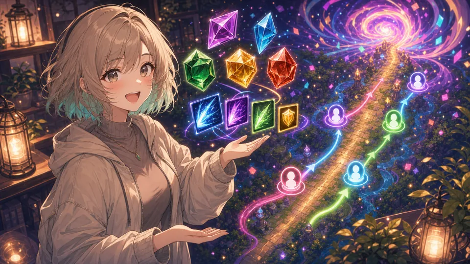 買い物相談とメイヘム移行を示すオリジナル配信者キャラクターのイラスト