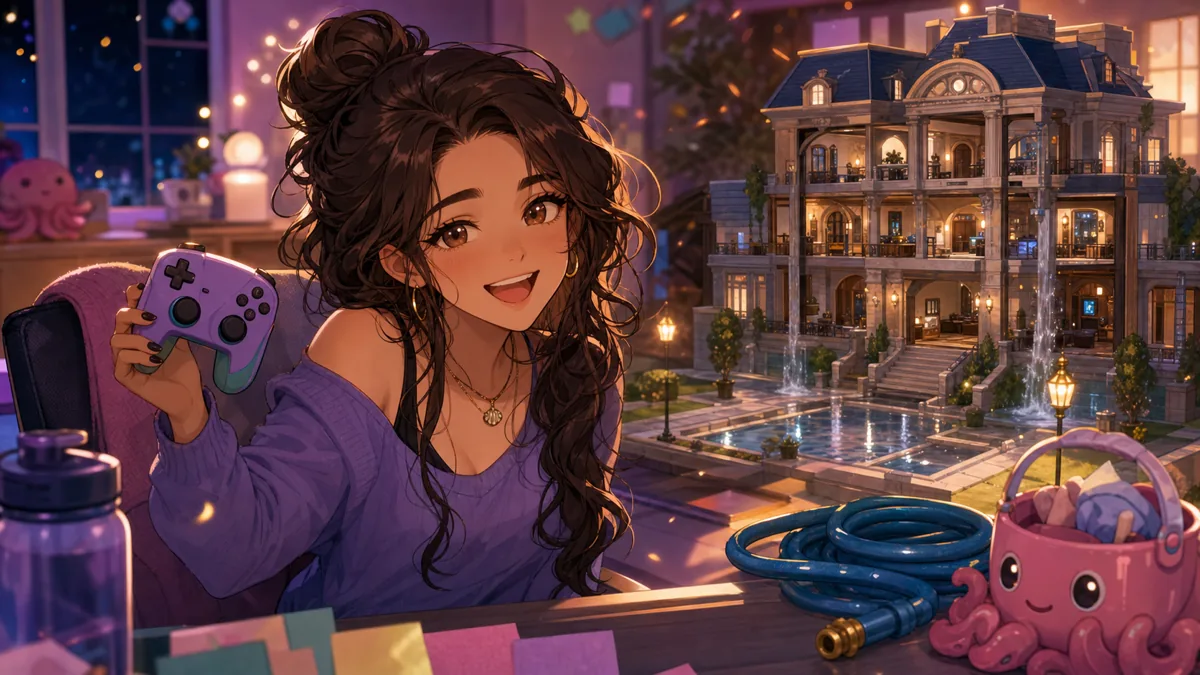 試合後に明るい配信部屋で笑うオリジナル女性キャラクターのイメージ