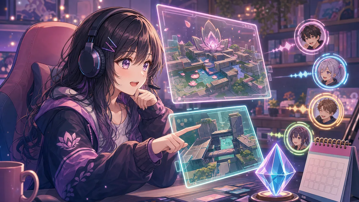 ロータスとフラクチャーの記憶を配信部屋で確認するオリジナル女性キャラクターのイメージ