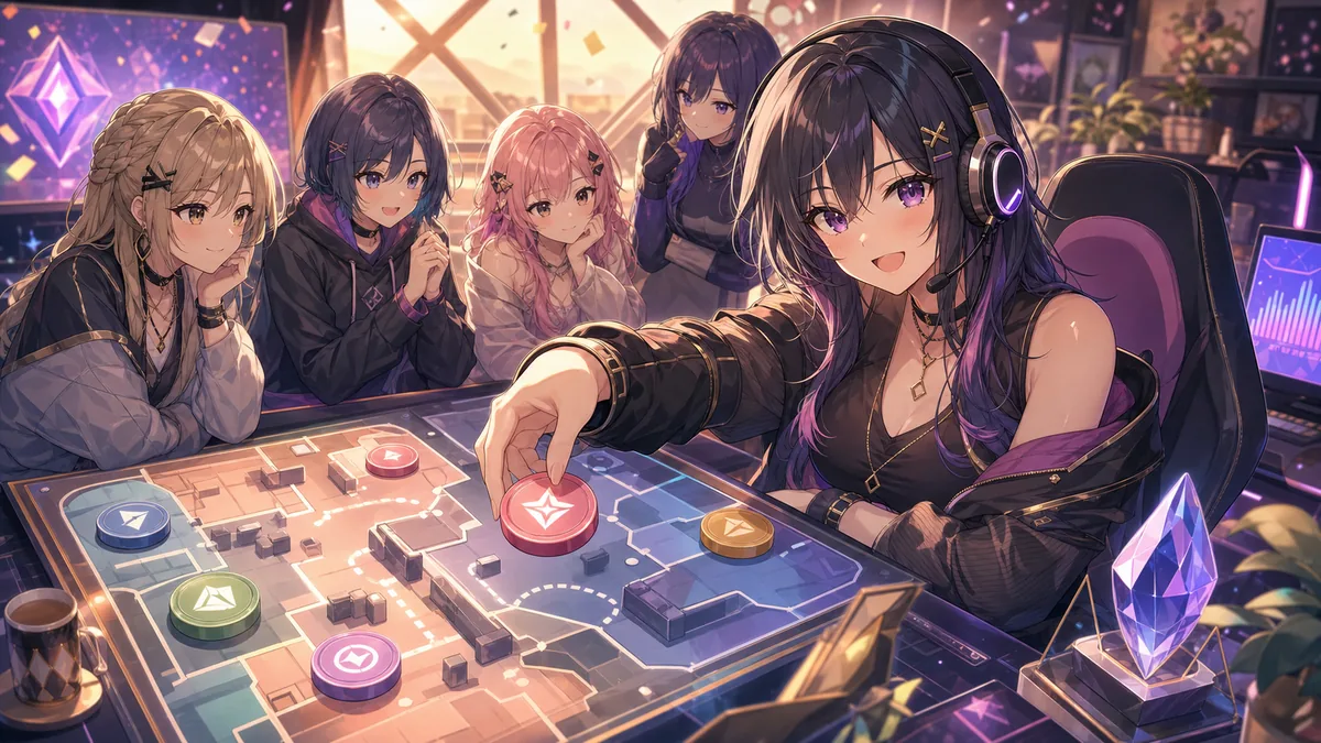バインドの作戦机で役割相談をするオリジナル女性キャラクターたちのイメージ