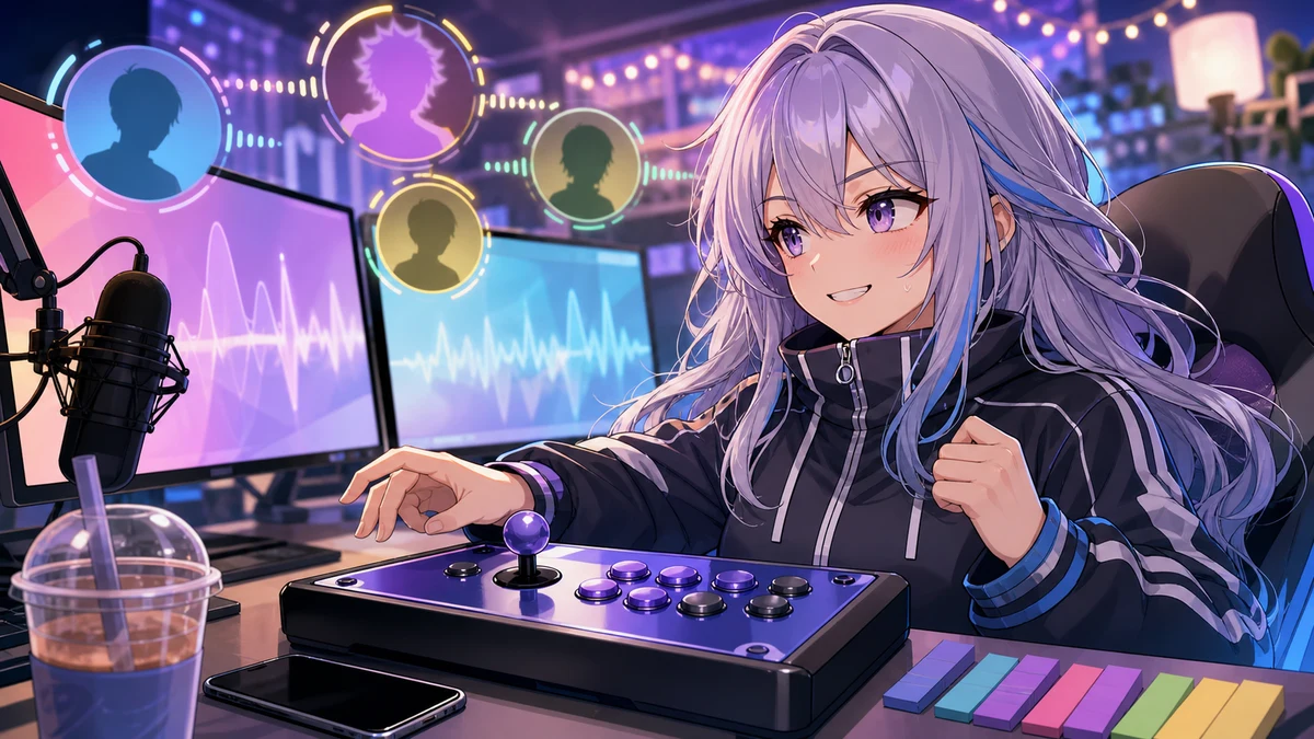 配信机で対戦準備をしながらチームVCを聞く女性キャラクターのイメージ