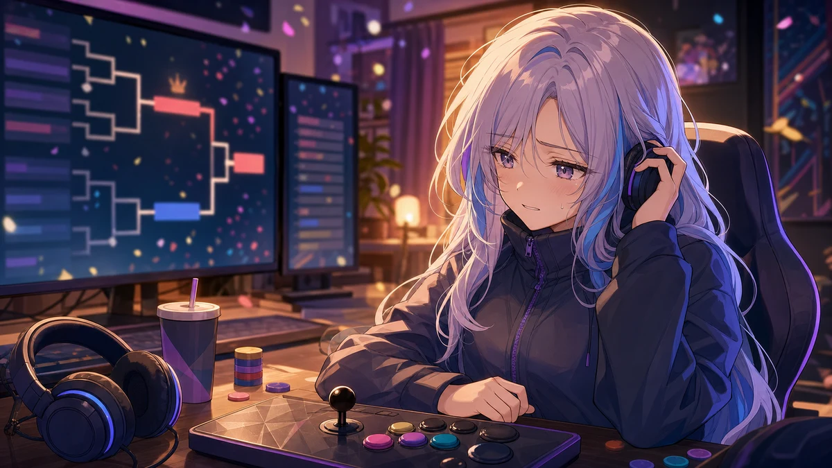 大会後にヘッドセットを外して画面を見つめる女性キャラクターのイメージ