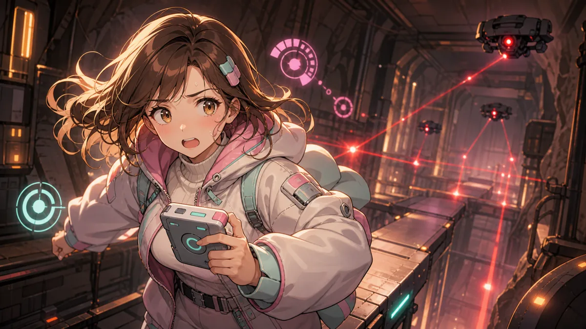 赤いレーザー障壁のある地下施設で脱出ルートを探すオリジナル女性キャラクターのイメージ
