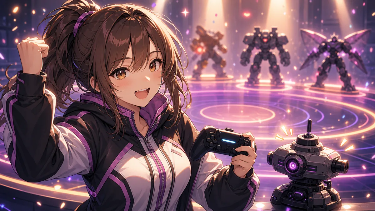 仮想アリーナでタレットと一緒に上位ランカーへ挑むオリジナル女性キャラクターのイメージ