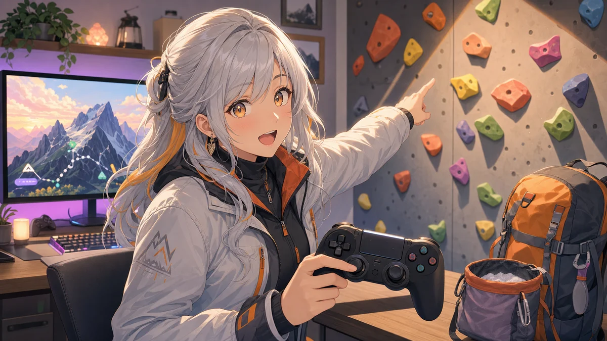 登山ゲームの開始画面を前に準備する配信部屋のイメージ
