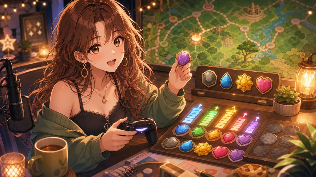 終盤に技構成とレベル上げ計画を相談するオリジナル女性キャラクターのイメージ