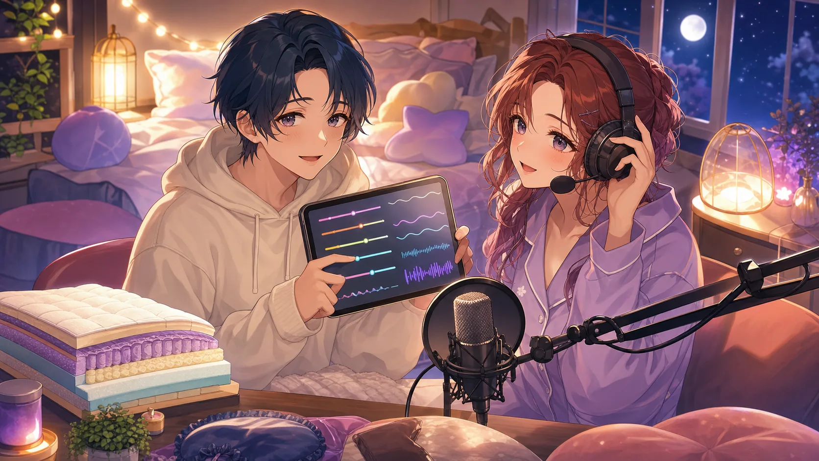 配信部屋で音声設定と睡眠トークを始めるオリジナルキャラクターのイメージ