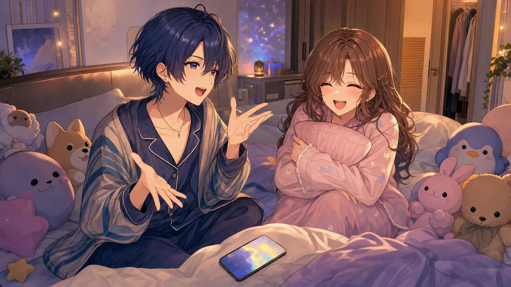 ぬいぐるみとスマホに囲まれた寝室で睡眠失敗談を読むオリジナルキャラクターのイメージ