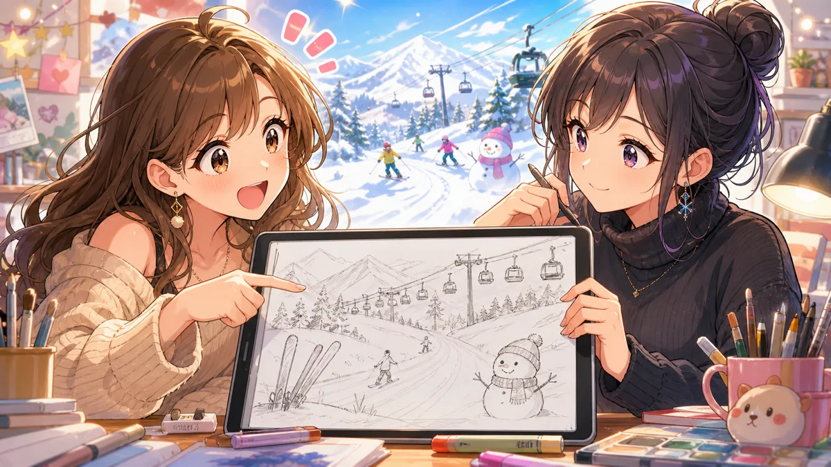 ゲレンデで転んだキャラクターを読み解くイメージ