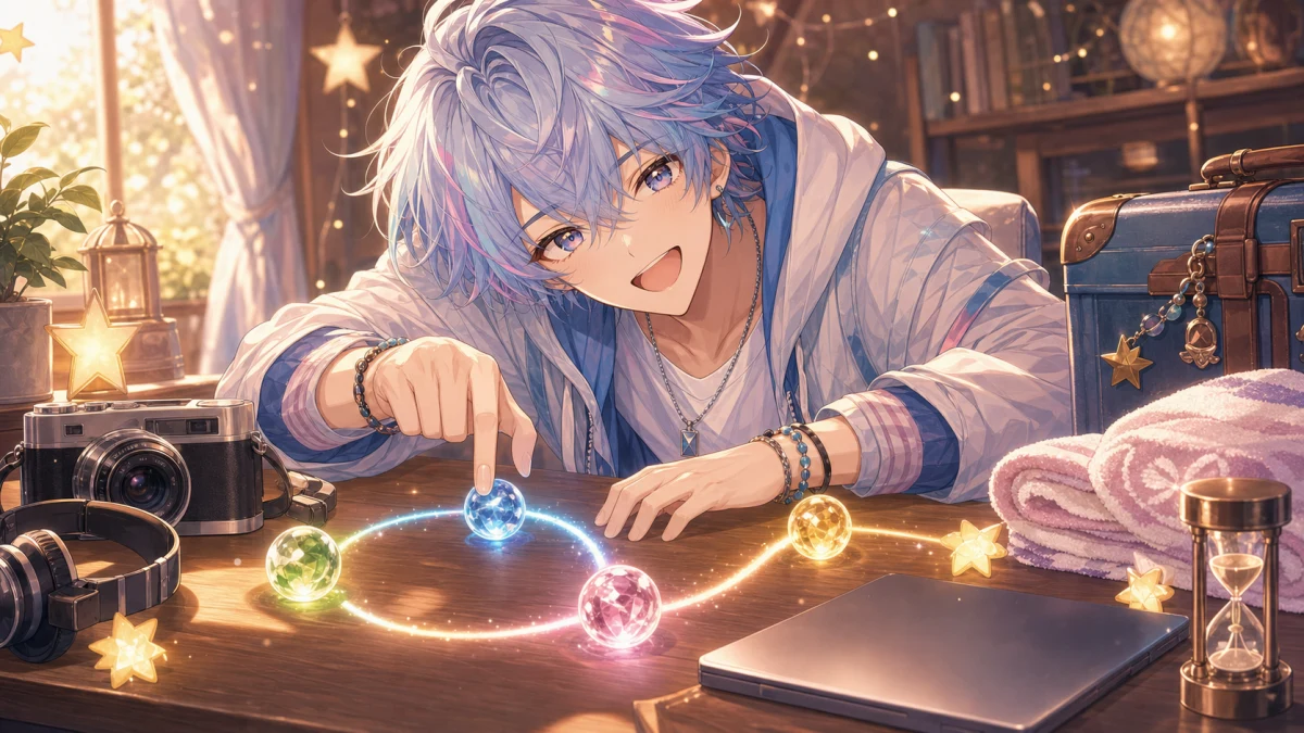 机の上の小物を光の線でつないで情報導線を整理する男性のオリジナルキャラクターのイメージ