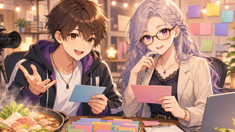 配信部屋で相談カードと温かい鍋を前に話し始めるオリジナル男女キャラクターのイメージ