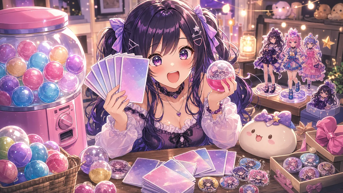 10連結果のカードとカプセルを前に表情豊かに驚くオリジナル女性キャラクターのイメージ