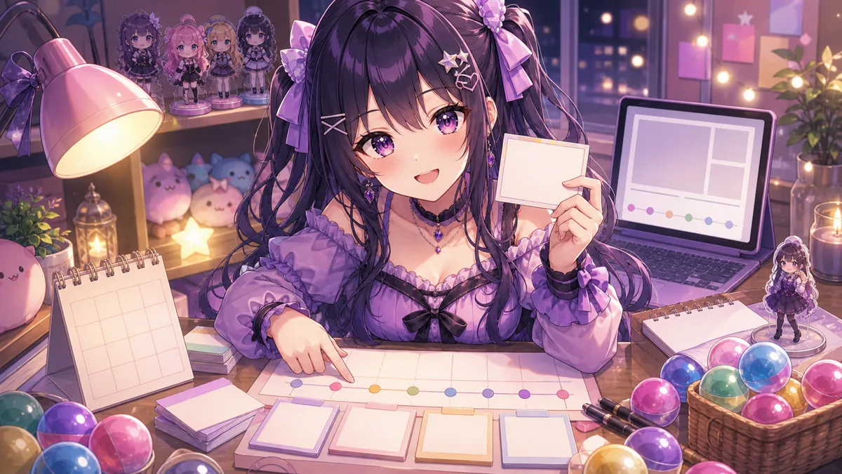 販売終了後の配信アーカイブと商品情報メモを整理するオリジナル女性キャラクターのイメージ