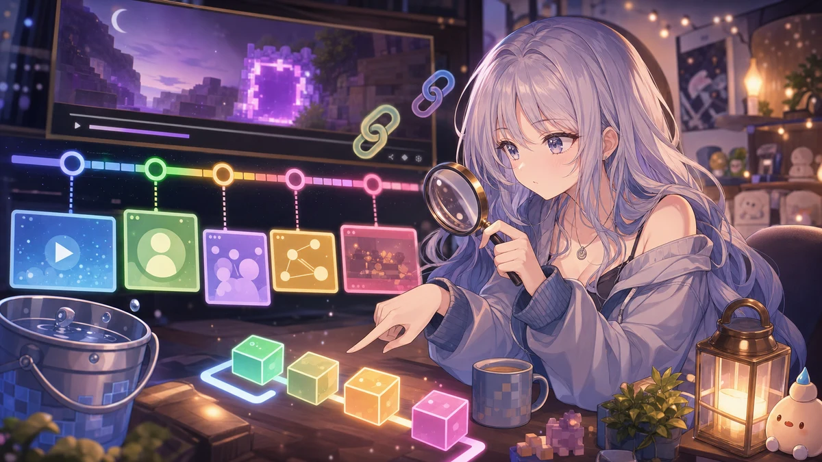 色付きのタイムラインと虫眼鏡で配信アーカイブを確認するデスク