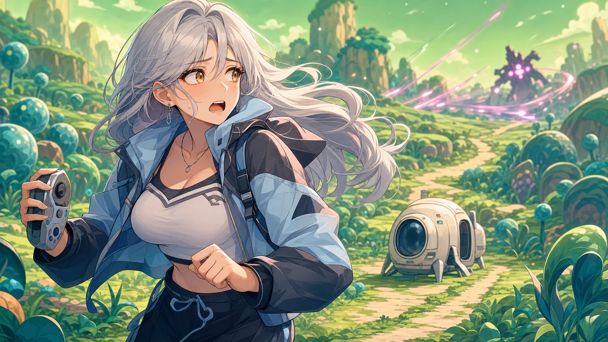 宇宙船の近くで緑の星を見渡しながら警戒する女性キャラクター