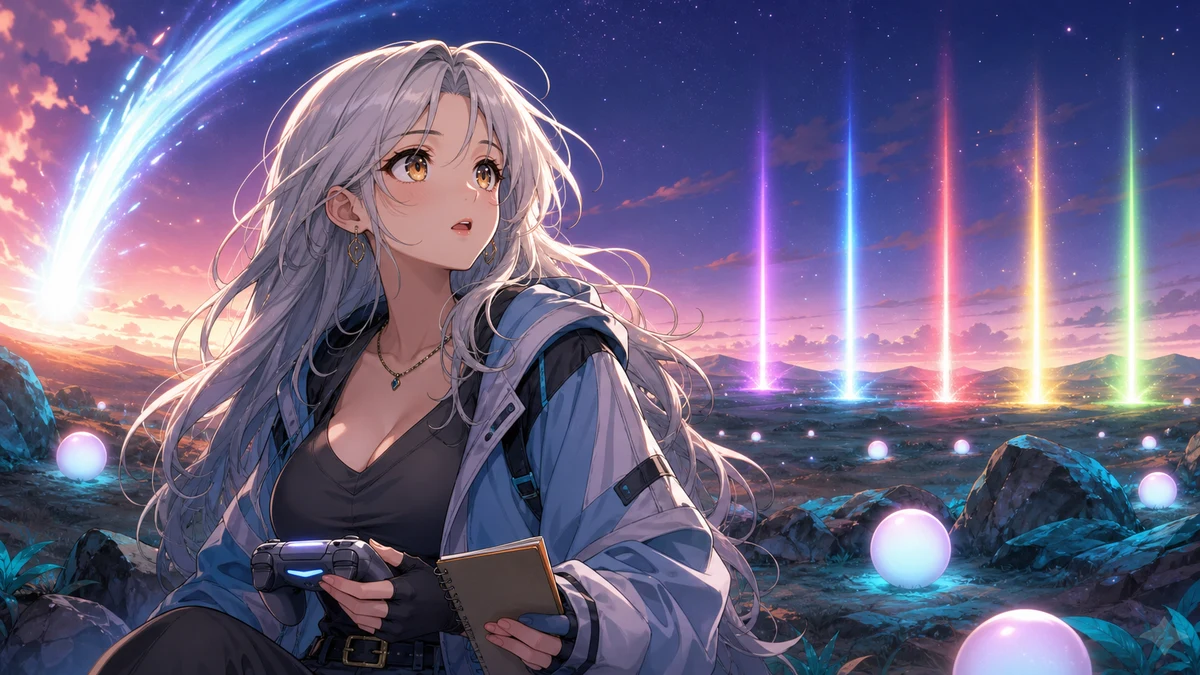 宇宙から降り立つ強敵の影を見上げる女性キャラクターと散らばる七つの光