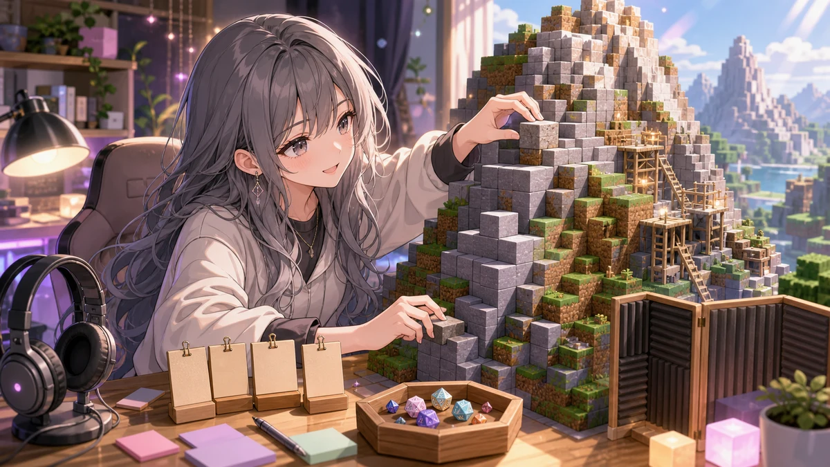 山の斜面を作りながら配信画面とメモを見比べる女性キャラクターのイメージ