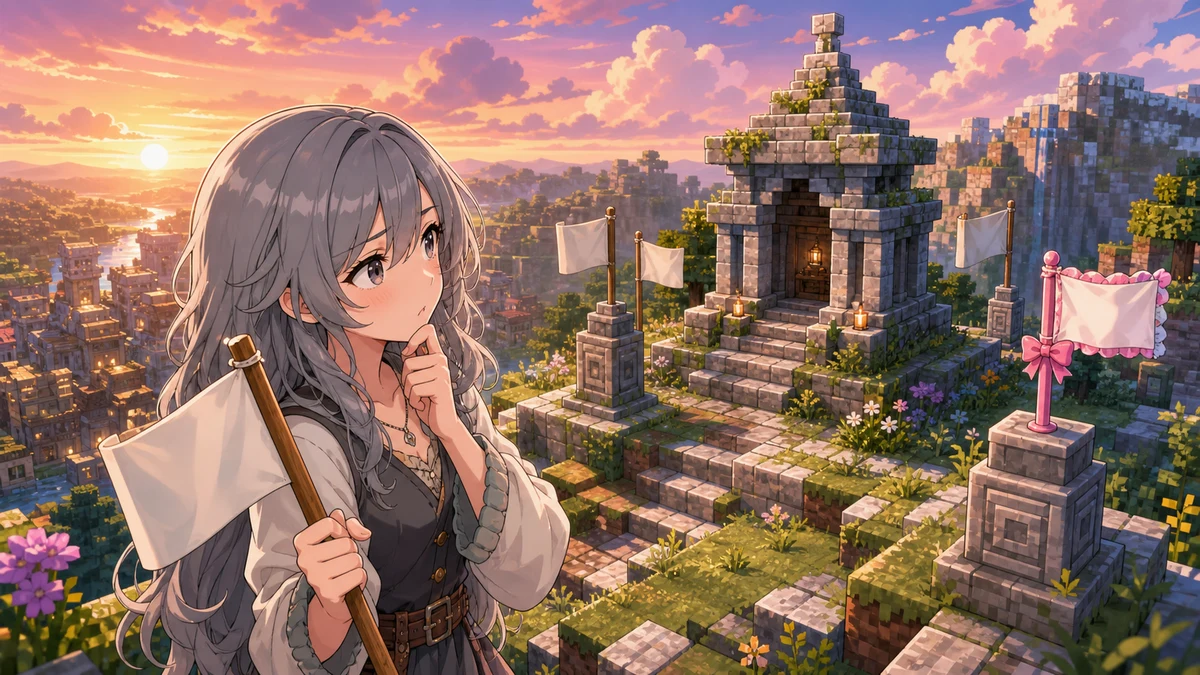 山頂の神殿と旗の位置を悩みながらブロックを置く女性キャラクターのイメージ