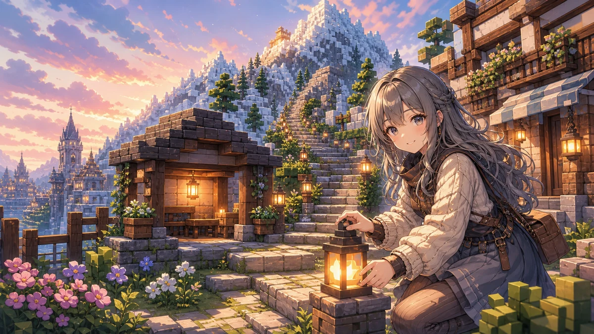 雪山へ続く参拝道と小さな休憩小屋を整える女性キャラクターのイメージ