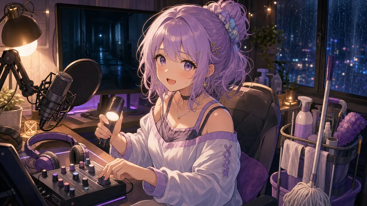 深夜の配信部屋でホラーゲーム開始前に音量を確認するオリジナル女性キャラクターのイメージ
