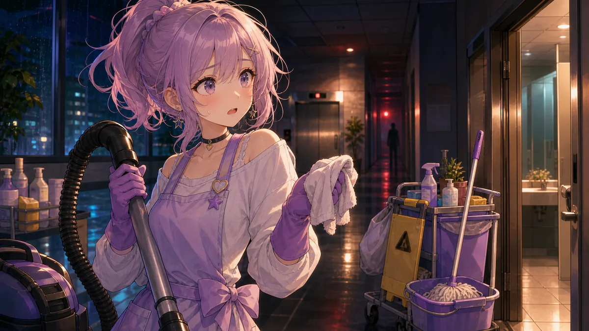 明るめの深夜オフィスで掃除機と雑巾を持って廊下を確認するオリジナル女性キャラクターのイメージ