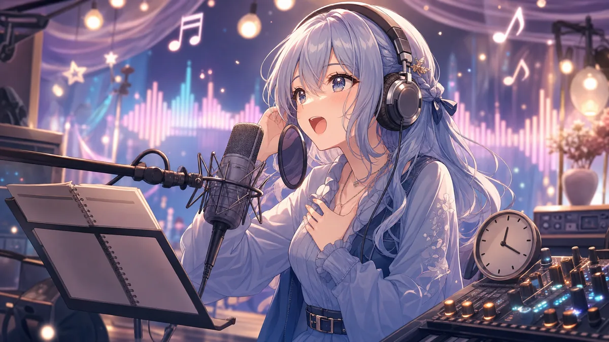 中盤の歌枠でヘッドホンを着けて声の調子を確かめるオリジナル女性キャラクターのイメージ