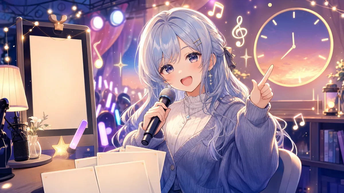 終盤の歌枠で時計とリクエストカードを見ながら笑うオリジナル女性キャラクターのイメージ