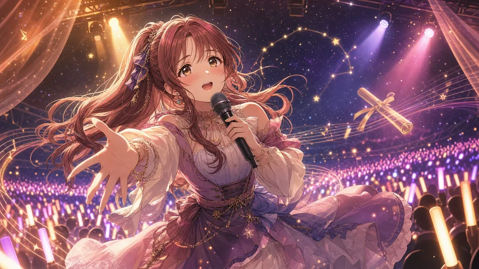 星空のステージで歌うオリジナル女性キャラクターと光る観客席、音楽リレーの小物