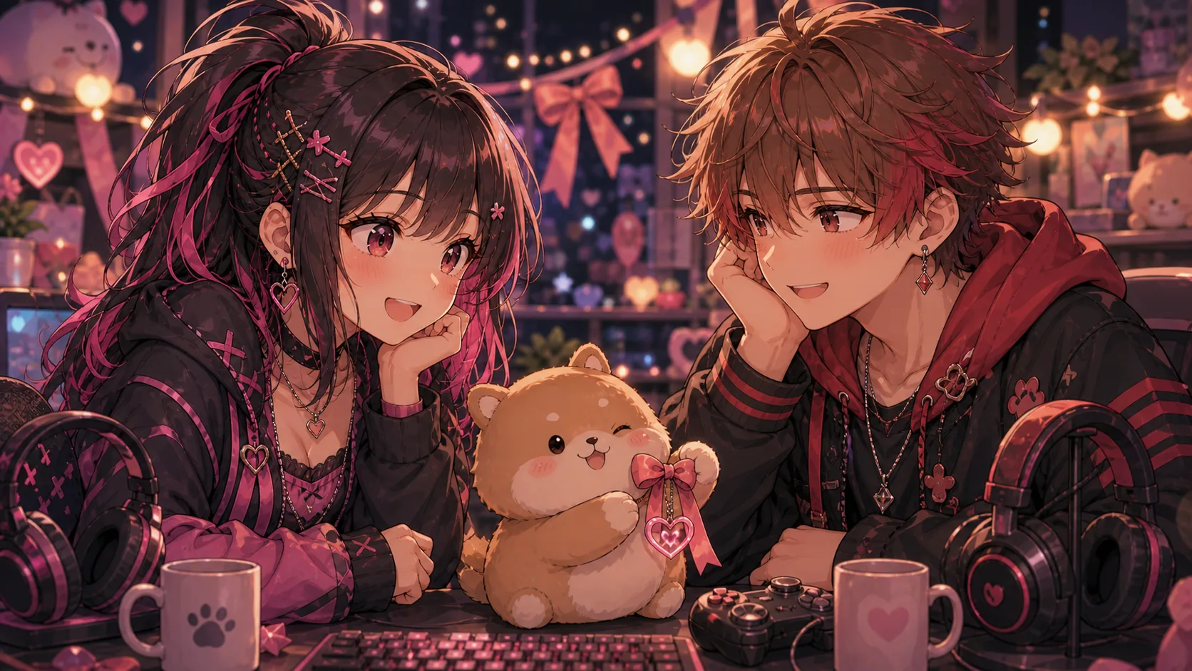 配信机で男女のオリジナルキャラクターが誘いの話をするイメージ