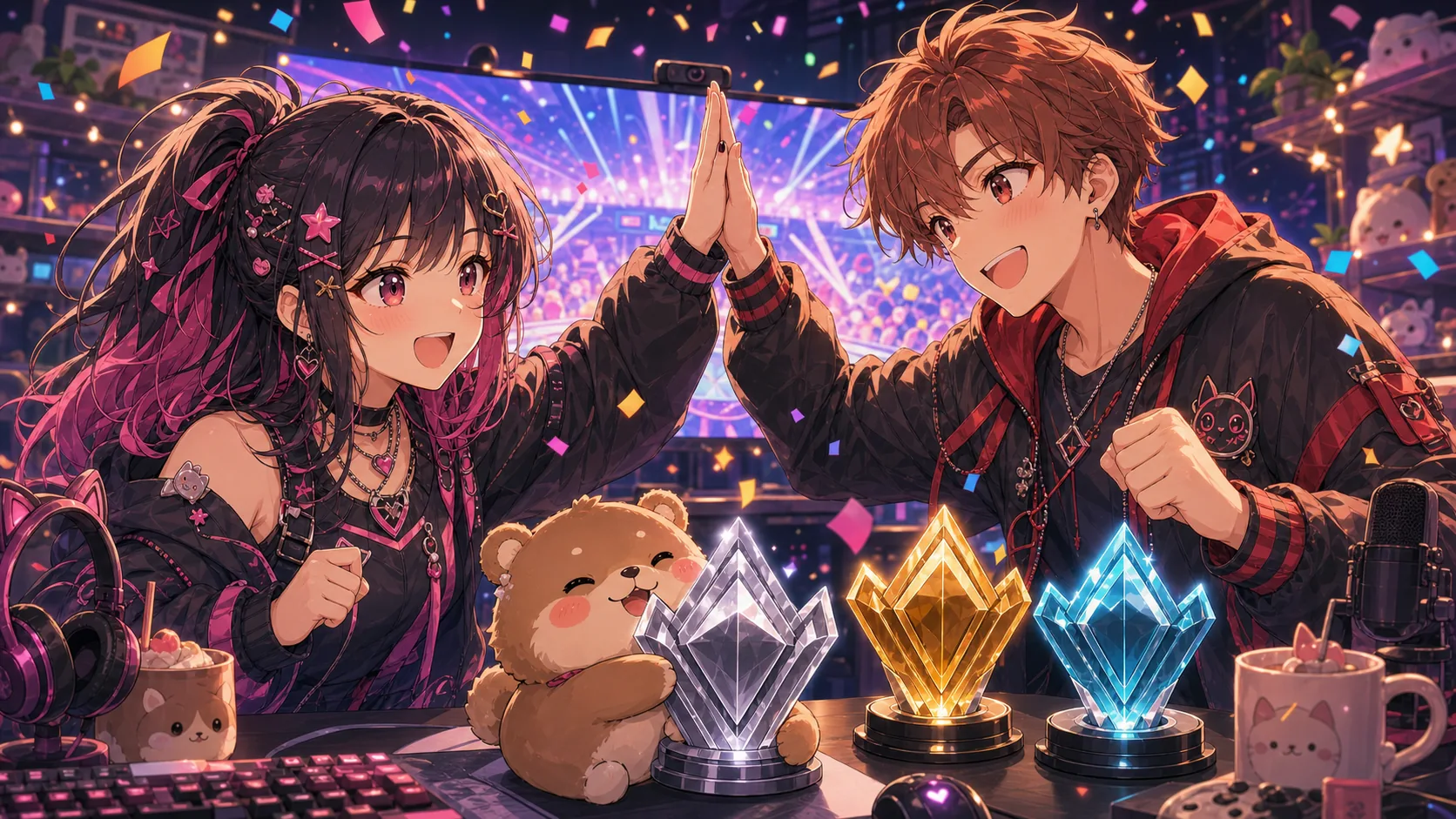 チャンピオン後に男女のオリジナルキャラクターがハイタッチするイメージ