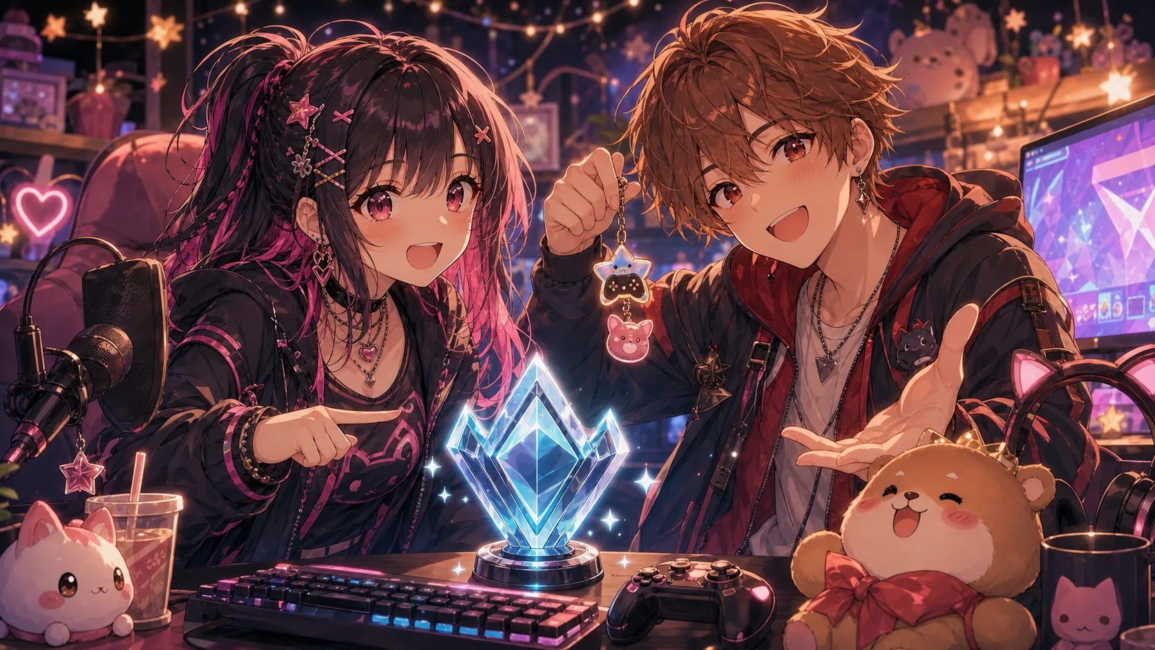 プラチナ結晶を前に男女のオリジナルキャラクターが配信後を楽しむイメージ