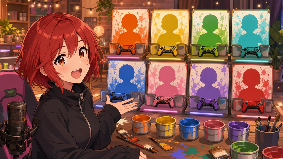 カラフルな配信部屋で複数のペイント道具とゲームパッドを前に進行する成人女性キャラクターのイメージ