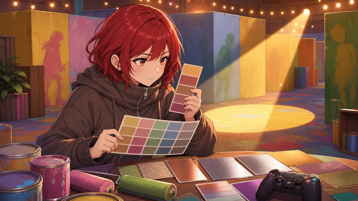 明るい室内ステージで壁の色に合わせて服を塗り直す成人女性キャラクターのイメージ