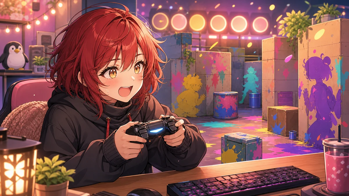 ペンギンの飾りがある明るいステージでラストラウンドを見守る成人女性キャラクターのイメージ