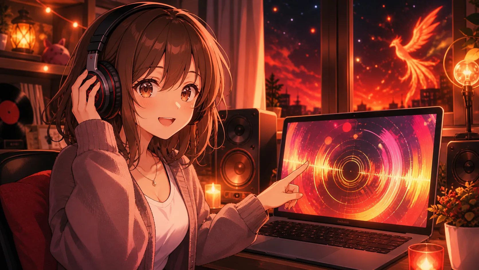 ヘッドホンで楽曲を聴き返しながら公式動画のクレジットを確認するオリジナル女性キャラクターのイメージ
