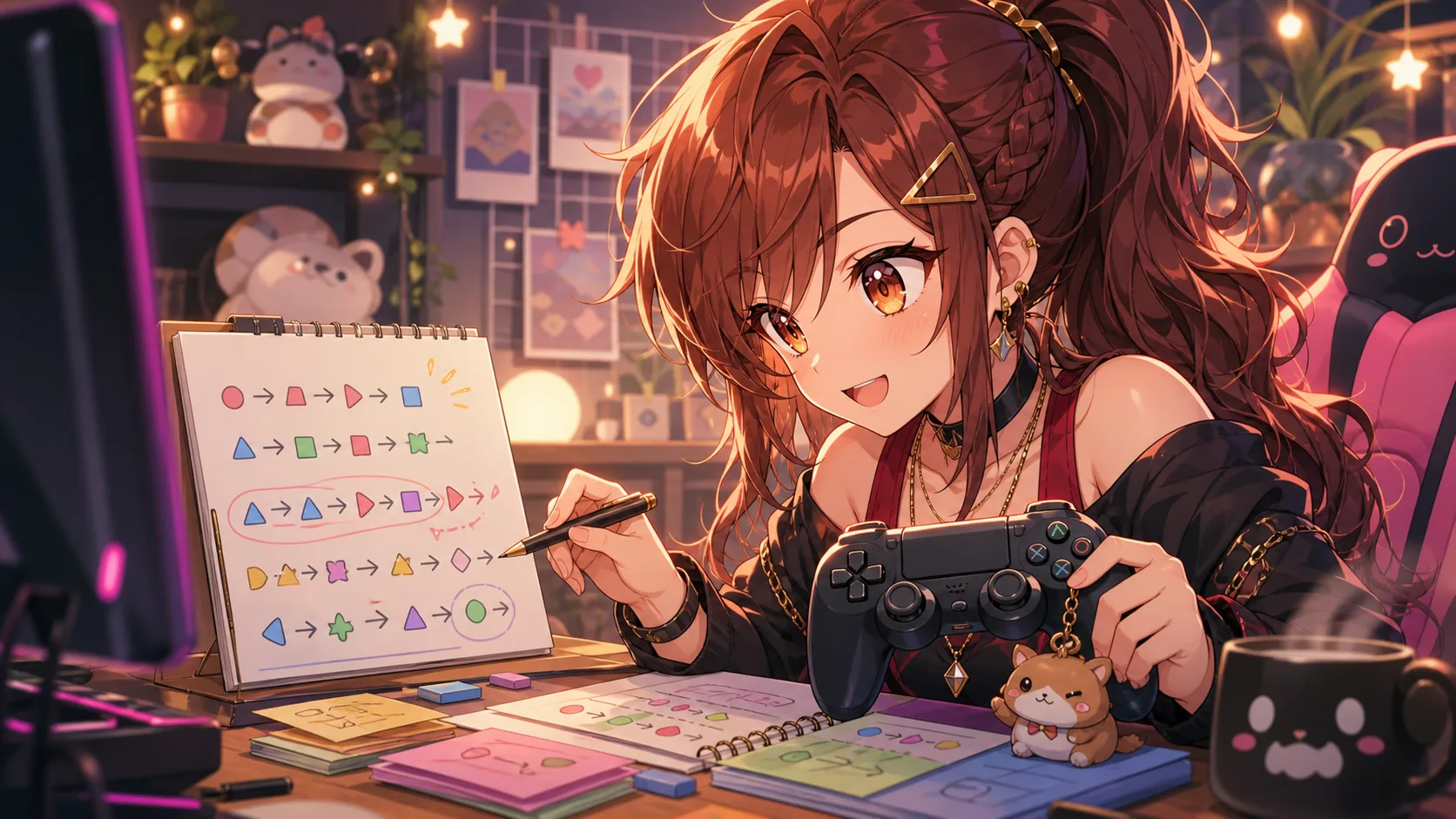 コンボトライアルの練習机で入力メモとコントローラーを見比べるオリジナル女性キャラクターのイメージ