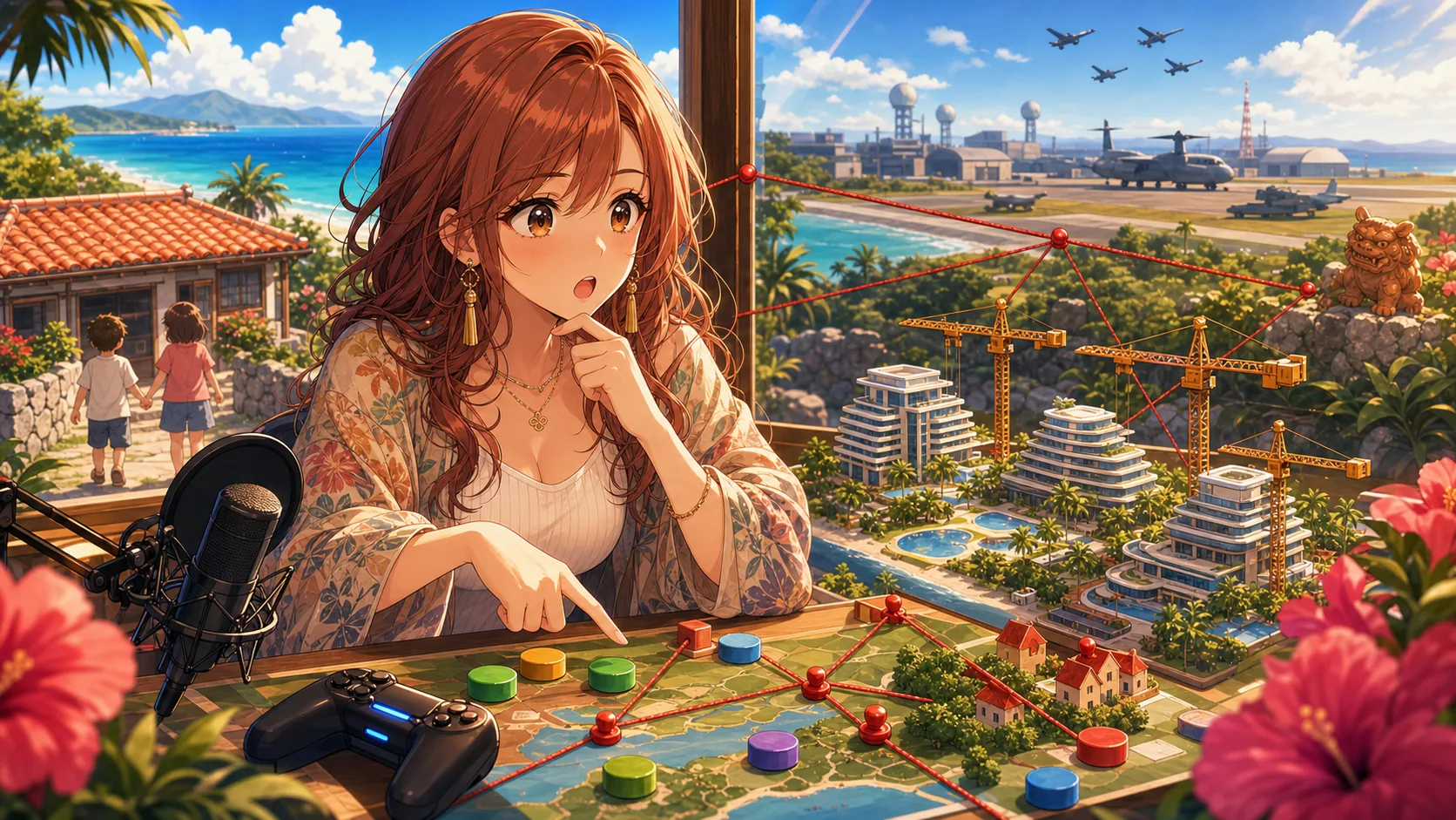 沖縄へ戻った配信部屋でアサガオと土地権利書のメモを整理するオリジナル女性キャラクターのイメージ