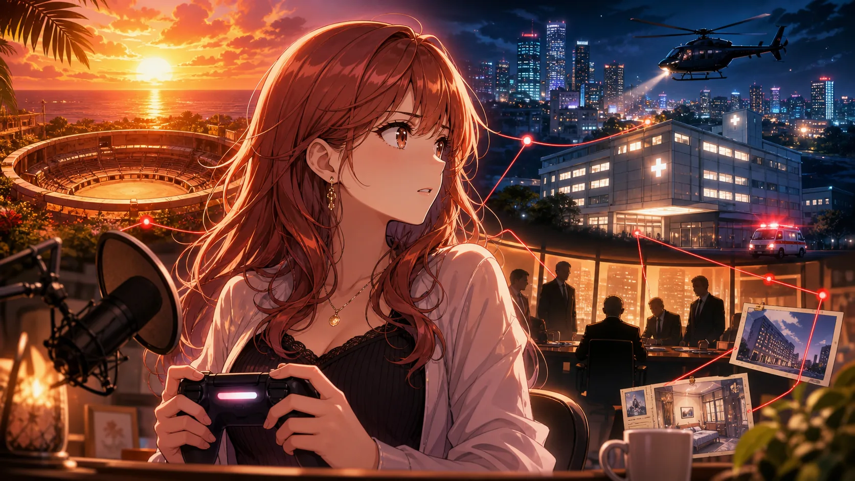東京へ向かうヘリと病院を背景に峯会長の影を警戒するオリジナル女性キャラクターのイメージ
