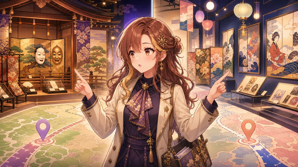 京都と東京の二つの展示ルートを見比べるオリジナル女性キャラクターのイメージ