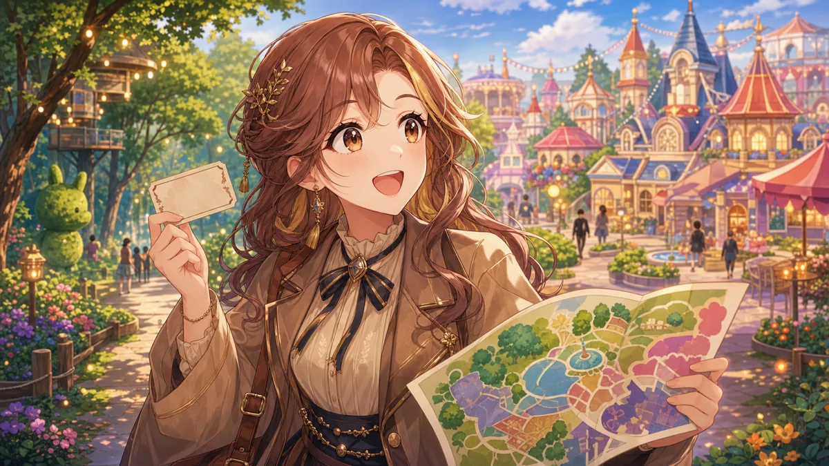 森ゾーンと街ゾーンのある明るいテーマパークで、地図を手に歩くオリジナル女性キャラクターのイメージ