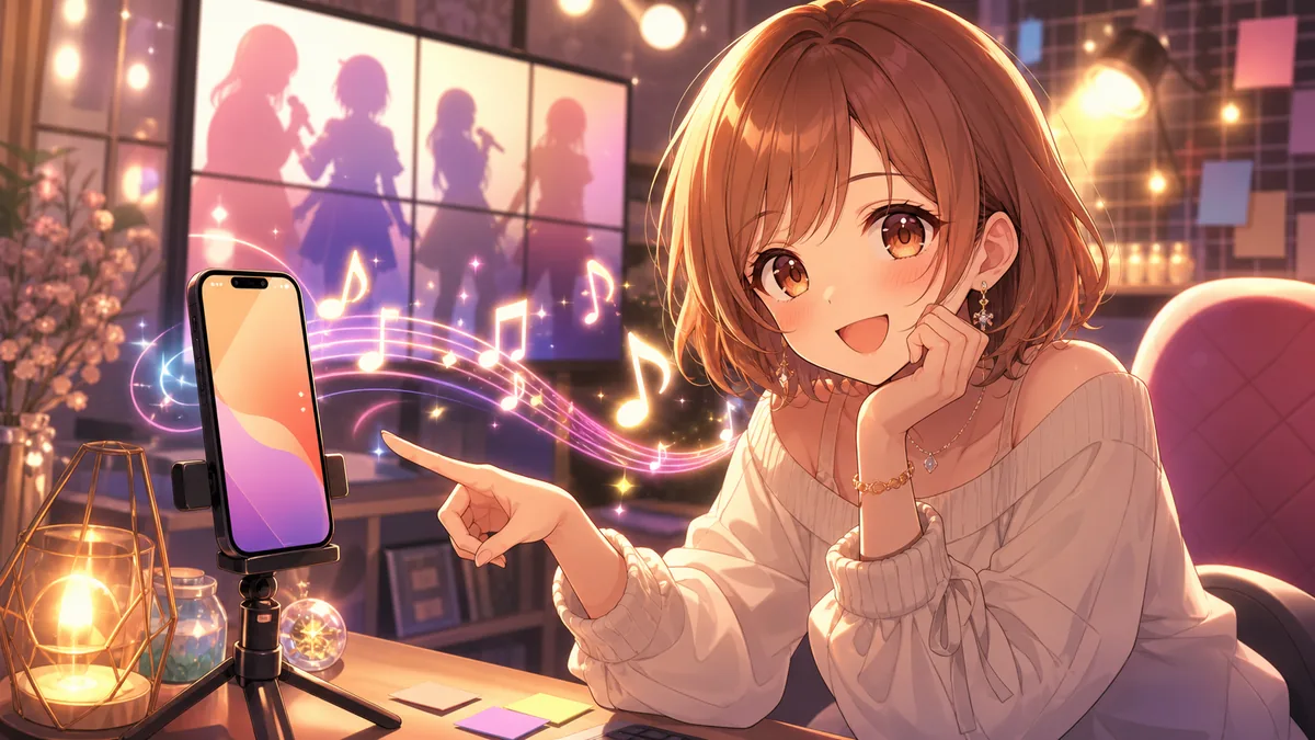 スマートフォンの短尺動画画面と音符の光を前に、告知の導線を整理するオリジナル女性キャラクターのイメージ