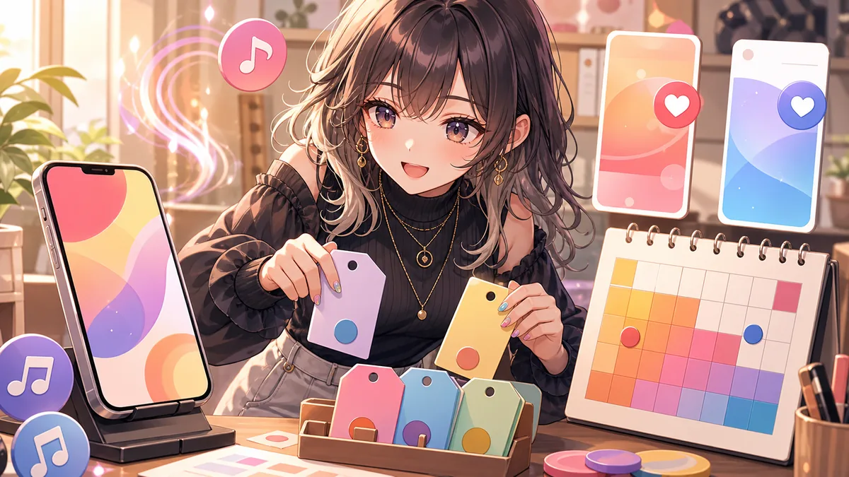 配信机で音符アイコン、タグカード、スマートフォンを並べて投稿条件を確認するオリジナル女性キャラクターのイメージ