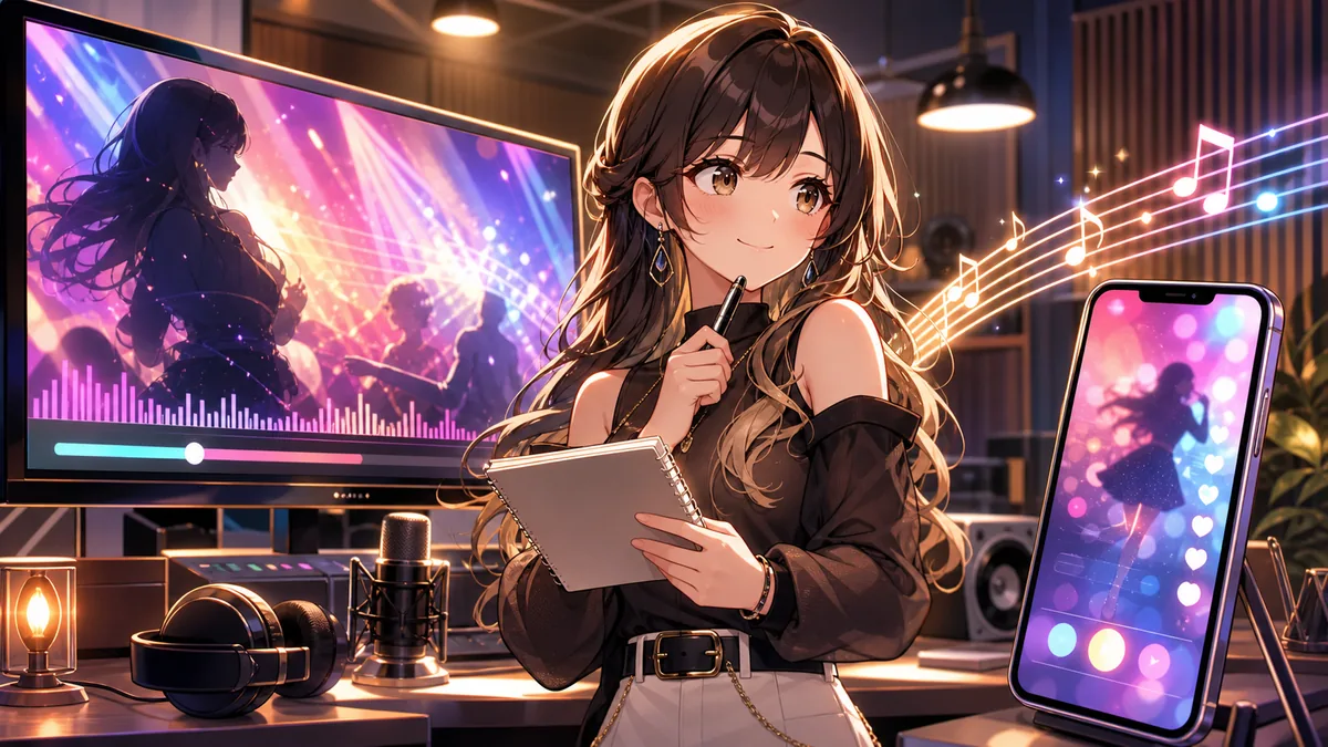 明るい音楽スタジオでMVモニター、音源メモ、短尺動画用スマートフォンを見比べるオリジナル女性キャラクターのイメージ