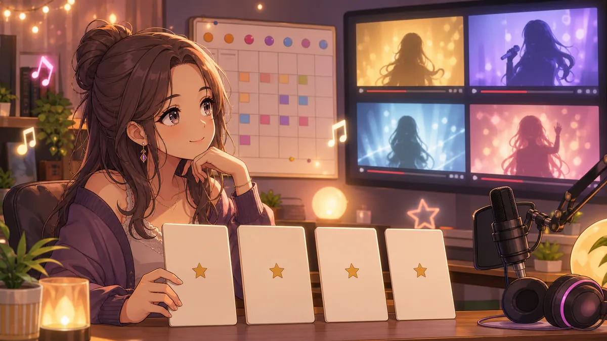 カレンダーと投稿リストを前に、4つの星マークを見ながら次の公式動画を待つオリジナル女性キャラクターのイメージ
