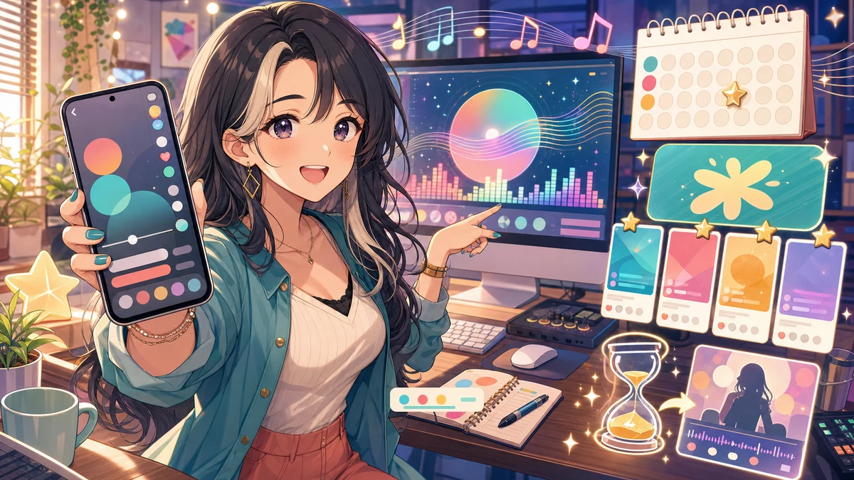 短尺動画用スマートフォン、音楽モニター、カレンダー、投稿カードを机に並べて公式導線を確認するオリジナル女性キャラクターのイメージ