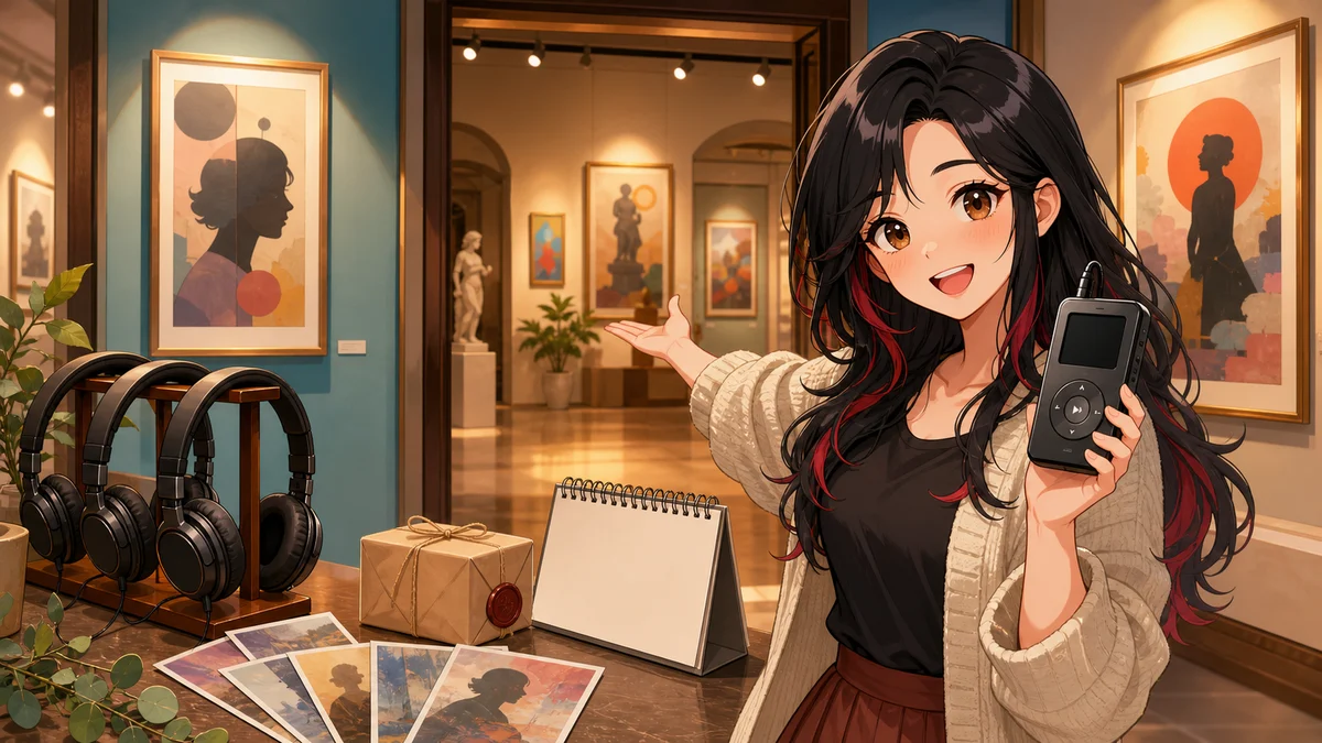 明るい展示室で音声ガイドと名画カードを手に案内する女性キャラクター