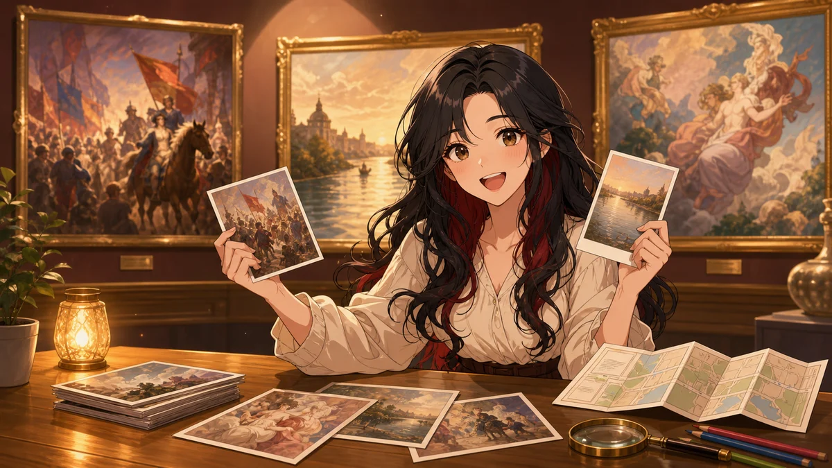 展示室で戦場画や神話画の小さな模型を並べて鑑賞する女性キャラクター