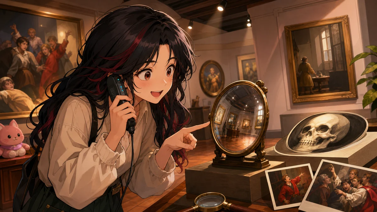 木の床の展示室で鏡や楽器や光の小物を見比べる女性キャラクター