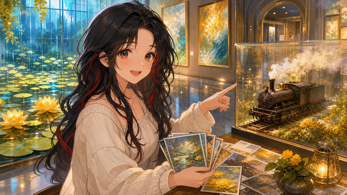 水面の光とひまわり色の小物と鉄道模型を並べた展示室で案内する女性キャラクター